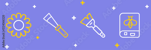 Set line Book about bee, Beekeeping brush, knife and Flower icon. Vector