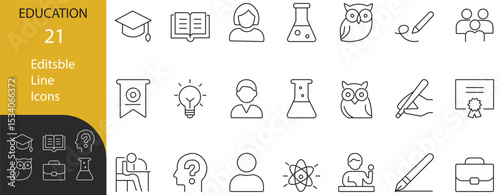Line style education icon set featuring graduation, learning, science, teacher, writing, certificate, and student concepts. Ideal for e-learning and academic use.