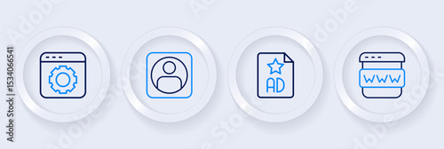 Set line Browser window, Advertising, Create account screen and setting icon. Vector