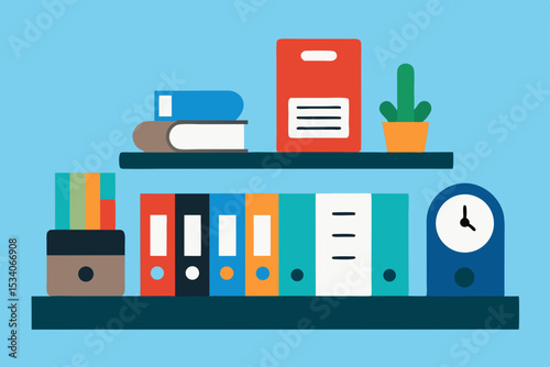 Organized Workspace Books, Files, and Plant on Shelves - Productivity and Efficiency