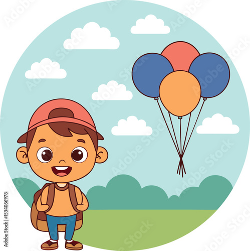 Happy boy with backpack and balloons in a scenic landscape