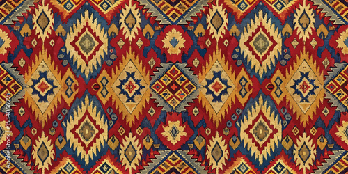 Vibrant geometric patterned textile with rich colors and intricate designs.
