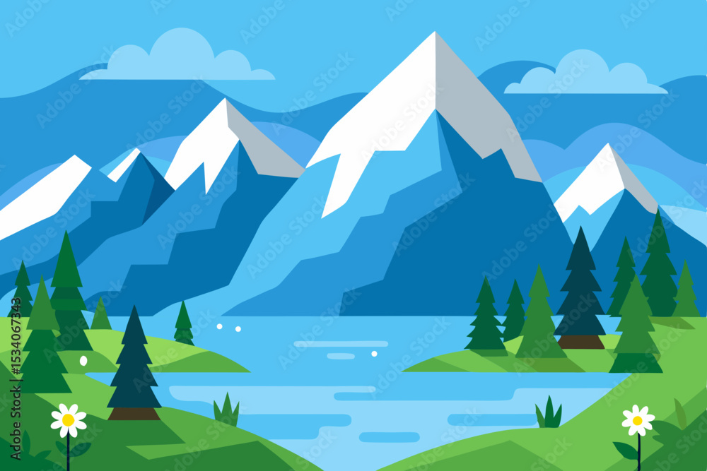 Fototapeta premium Majestic Mountain Lake Landscape Serene Nature Scene with Snow-Capped Peaks and Lush Greenery
