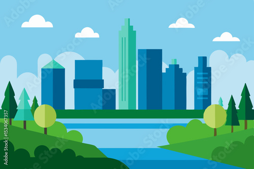 Urban Skyline Cityscape Illustration with River and Green Spaces