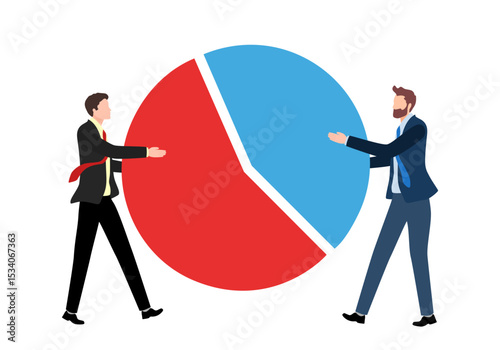 Market share percentage of industry sale, business competitor fight or battle to gain more sale concept, businessman fighting for more market share pie chart.
