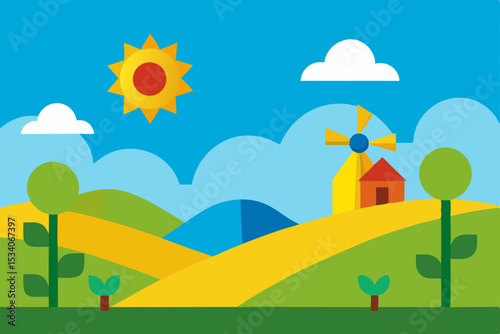 Sunny Day on the Farm  A Vibrant Landscape Illustration of Rolling Hills and Windmill