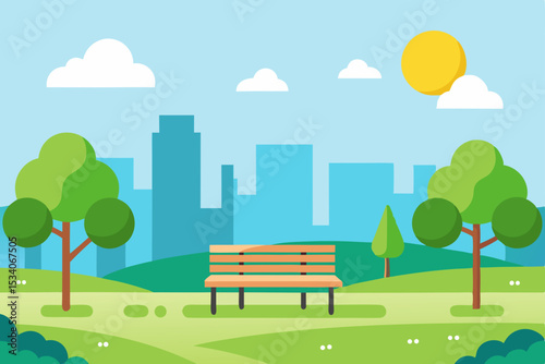 Here's a concise description for your image:

A vibrant urban landscape illustration of a green city park with a bench, trees, and buildings under a summer sky with clouds