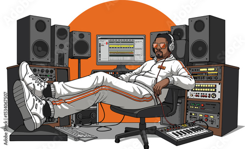 Bearded man in white hoodie and headphones working in a recording studio with audio equipment