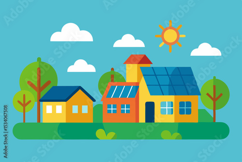 Cartoon vector illustration of a city landscape with houses, trees, and sky