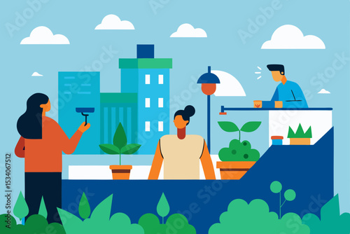 Vibrant vector cartoon illustrations depict diverse people and families enjoying urban life in the city, park, and street, showcasing children, business individuals, and homes