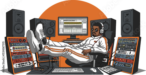 Man in music studio with audio gear and digital audio workstation