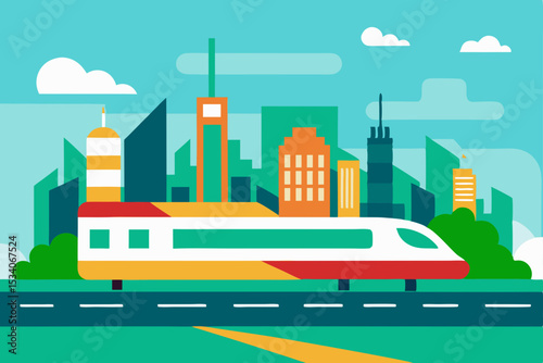 Sure, here is your sentence:

Urban landscape vector illustration: a vibrant city with diverse buildings, trees, and a clear sky, perfect for showcasing modern architecture and sustainable living conc
