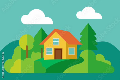 Here's a single sentence to describe the image:

Vector illustration of a charming village house nestled in a summer forest landscape with trees and a clear sky