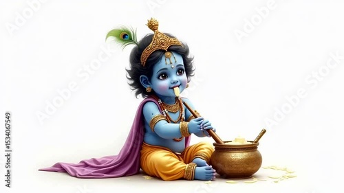 Cute Baby Krishna Eating Butter, Divine Hindu Child God in Traditional Costume with Pot, Janmashtami Festival Artwork, Photo Illustration Image Picture Photography