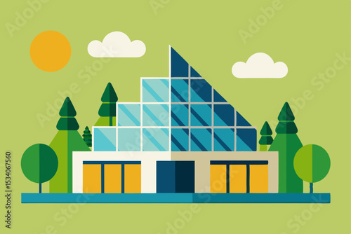 A vibrant vector illustration depicts a charming house nestled amongst green trees in a summer landscape, blending urban elements with nature under a clear sky