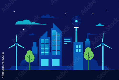 Silhouette wind turbines power a starlit city and houses under a blue night sky, illustrating green energy in an urban landscape
