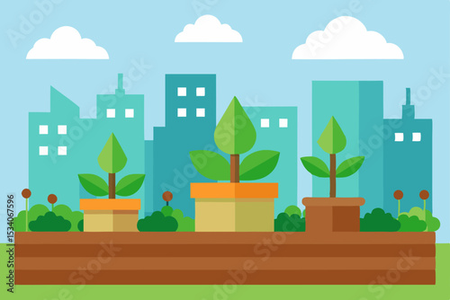 Green eco city vector illustration with buildings, trees, and sky, depicting a sustainable urban landscape design