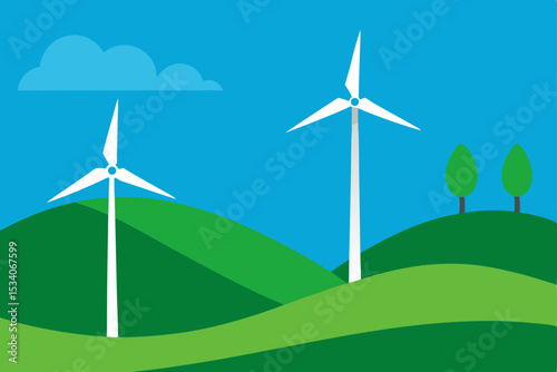 Wind turbines generating green energy across a vast landscape under a blue sky