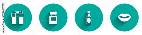 Set Gift box and heart, Perfume, Champagne bottle and Smiling lips icon with long shadow. Vector
