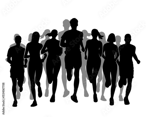 Silhouette of crowd of young people running, morning jogging, isolated icon on white background.