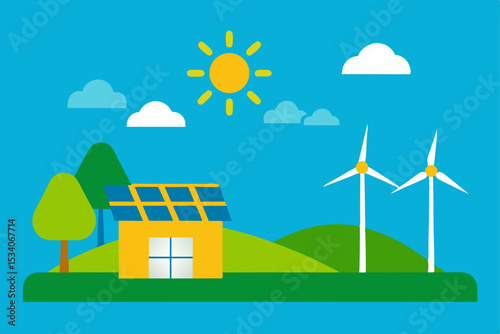 Cartoon vector landscape with a country house and windmill under a summer sky with clouds