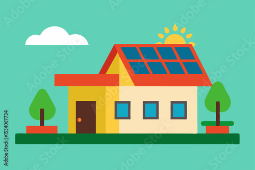 Vector illustration of a house with a roof, a home with a cartoon design, real estate architecture in a nature landscape with grass, sky, and trees