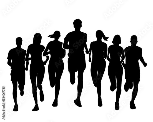 Silhouette of crowd of young people running, morning jogging, isolated icon on white background.