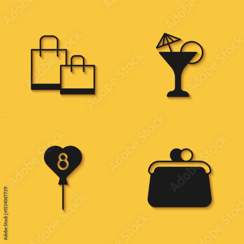 Set Paper shopping bag, Handbag, Balloons with 8 March and Martini glass icon with long shadow. Vector