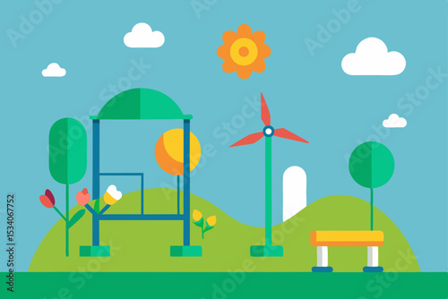 Autumn landscape with trees in a green field under a blue sky, featuring wind turbines generating clean energy