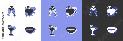 Set Smiling lips, Glass of champagne, Martini glass and Heart icon. Vector