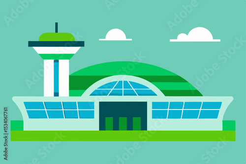 Vector illustration of a green city landscape with modern buildings and trees under a summer sky