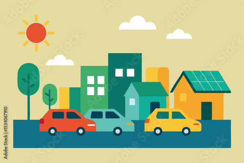 Cartoon vector illustration of city street with cars, buildings, and trees under a sunny sky