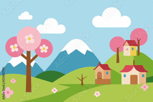 Spring landscape illustration of houses in a rural village with trees, green grass, and a bright sky