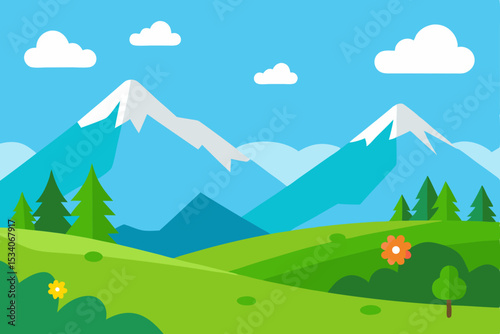 Lush green summer mountain landscape with blue sky and natural forest