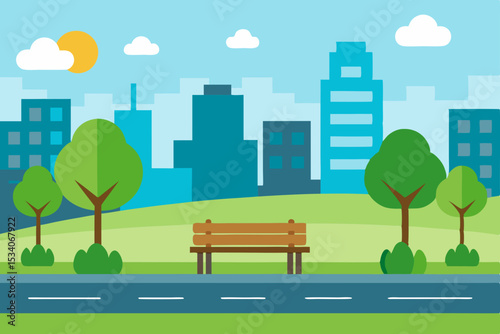 Vibrant urban landscape vector illustration of a city street with green trees and buildings under a summer sky, blending architecture and nature