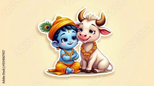 Cute Cartoon Baby Krishna with Cow, Divine Friendship Sticker Art for Janmashtami Celebration, Hindu Festival Spiritual Illustration, Photo Image Picture Photography Wallpaper