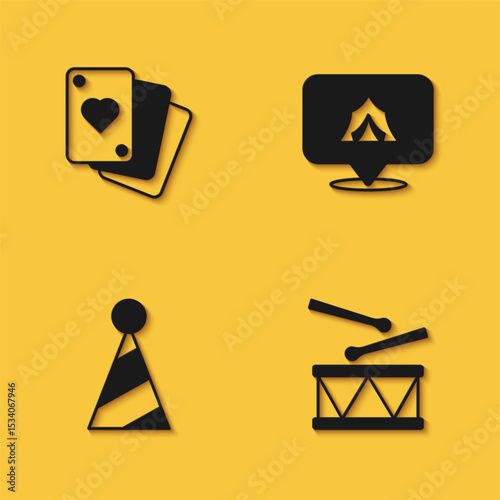 Set Playing cards, Drum with drum sticks, Party hat and Circus tent icon with long shadow. Vector