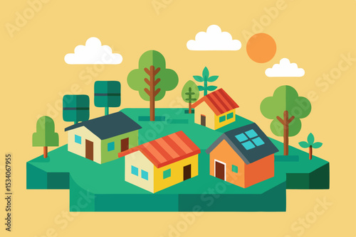 Cartoon vector illustration of a charming city landscape with houses, trees, and a bright sky
