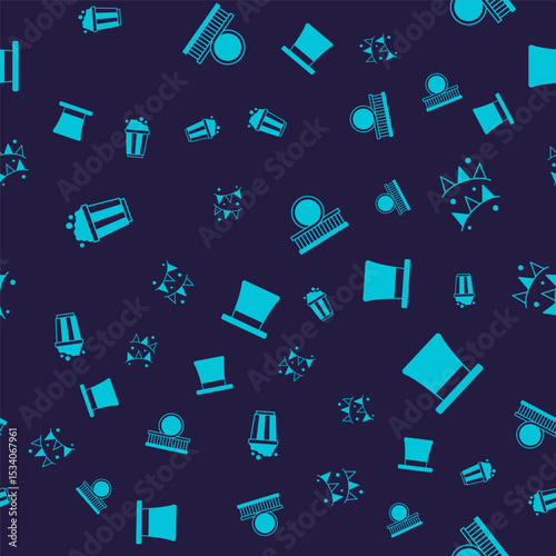 Set Popcorn in cardboard box, Carnival garland with flags, Roller coaster and Cylinder hat on seamless pattern. Vector