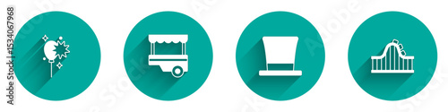 Set Balloons with ribbon, Fast street food cart, Cylinder hat and Roller coaster icon with long shadow. Vector