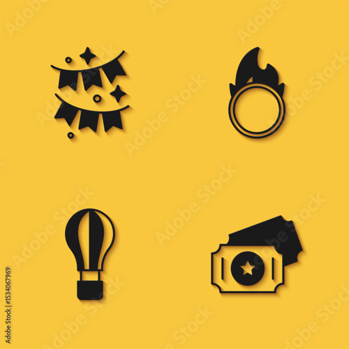 Set Carnival garland with flags, Circus ticket, Hot air balloon and fire hoop icon with long shadow. Vector