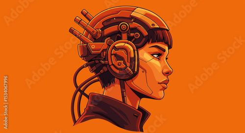 Portrait of a woman in profile with a high-tech orange and red headpiece
