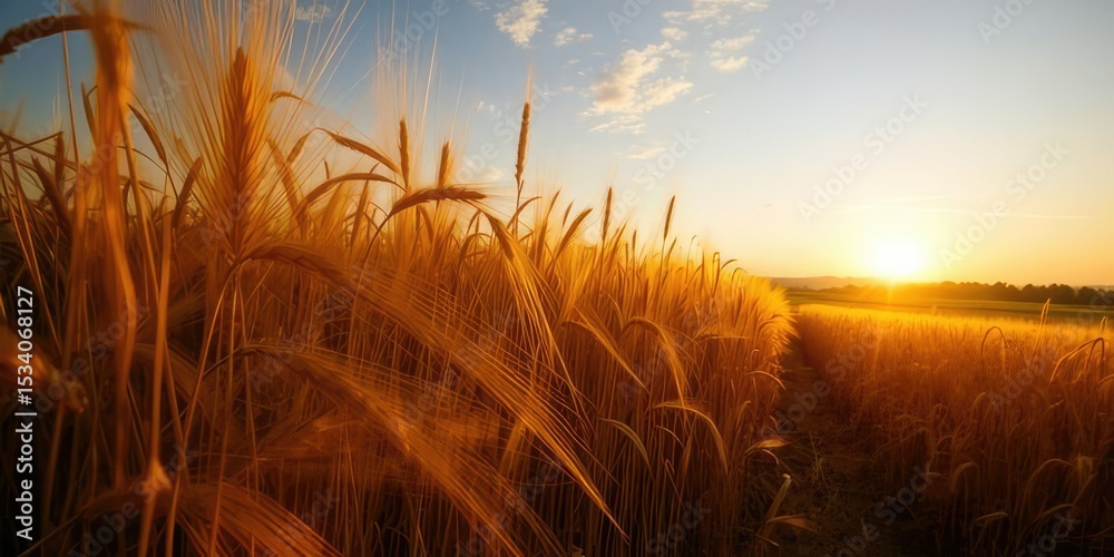Naklejka premium Golden Wheat Field Sunset Long Exposure