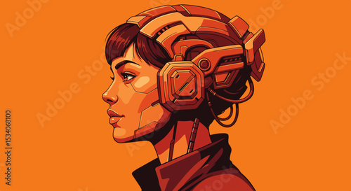Female with mechanical headpiece in profile against orange background
