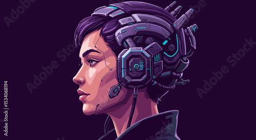 Young woman in profile with high-tech headpiece and glowing elements