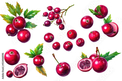 Vibrant collection of cranberry fruit with leaves displayed on a clear background showcasing their rich color and texture