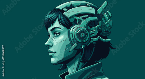 Woman with futuristic headpiece in dark green studio setting