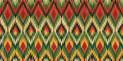 Colorful geometric pattern with a vibrant mix of red, green, and yellow tones.