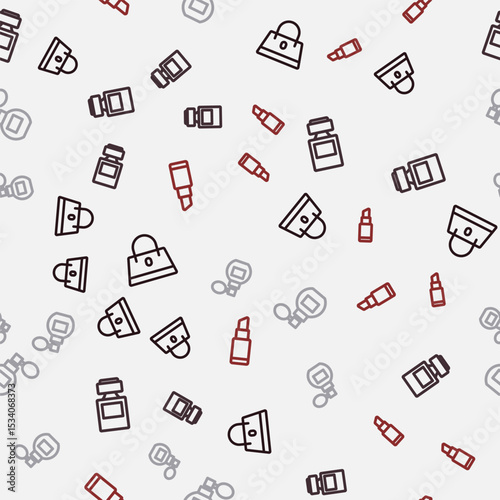 Set line Handbag, Perfume, and Lipstick on seamless pattern. Vector