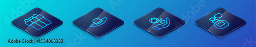 Set Isometric line Female gender symbol, Gift box and heart, Perfume and Elegant women hat icon. Vector
